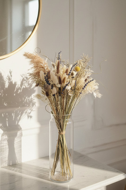 A clear cylindrical glass vase filled with a dried floral arrangement featuring beige grasses, cream blossoms, muted blue-purple sprigs, and a small yellow accent, displayed on a wooden table against a plain white wall.