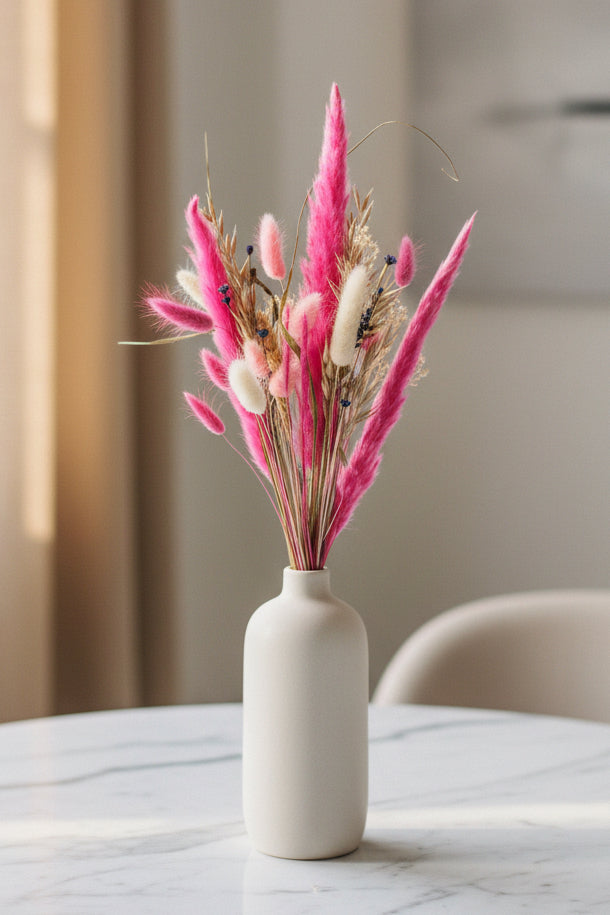 A dried floral arrangement featuring bright pink ornamental grasses, tan wheat stalks, and fluffy cream bunny tail plumes, tied with a string and displayed on a brown paper bag against a white wall.