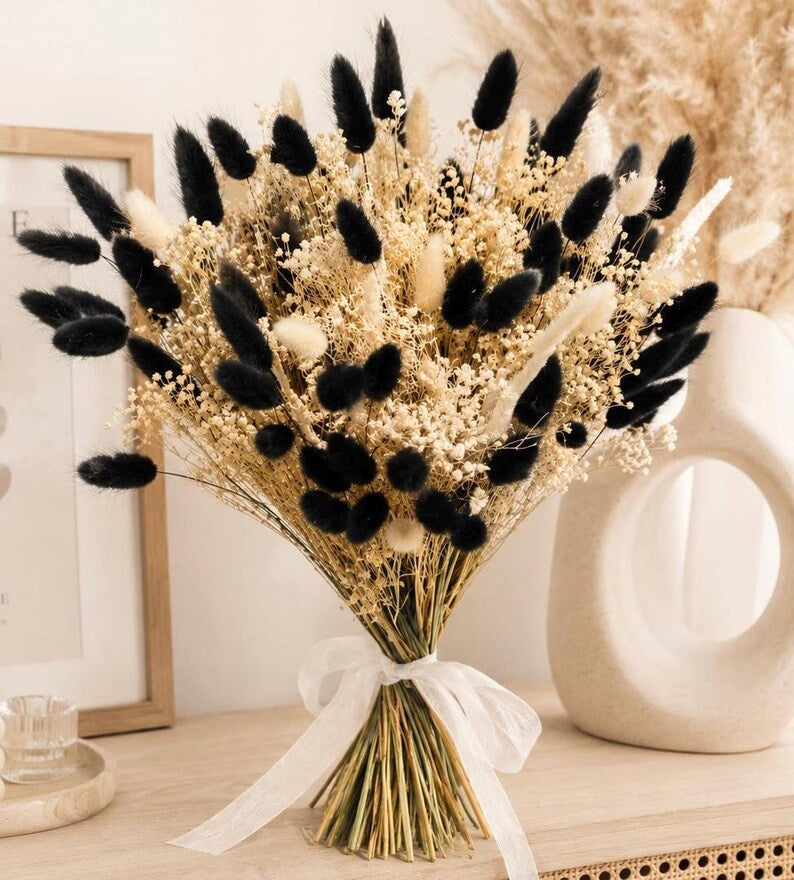 Monochrome Dried Flower Bouquet | Black & Cream Bunny Tail Arrangement